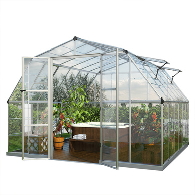 This greenhouse has a twinwall polycarbonate roof and a single clear polycarbonate sidewall.